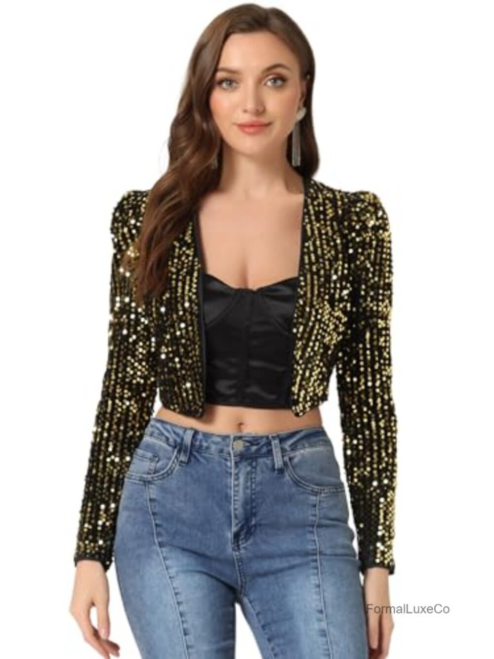 Sequin Cropped Jacket Puff Shoulder Open Front Party Blazer